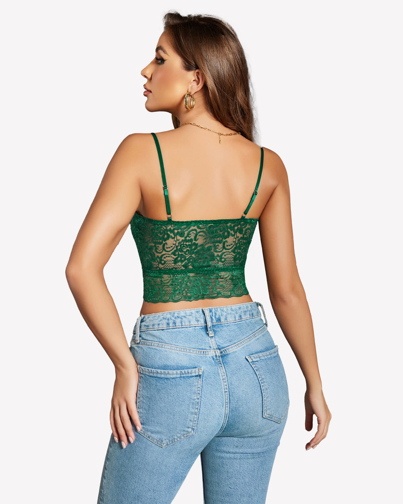 Green lace tank bralette with thin straps and scalloped lace hem, fitted