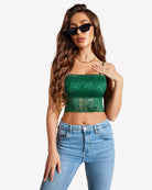 Dark green lace tube bralette with thin straps and scalloped lace hem, fitted