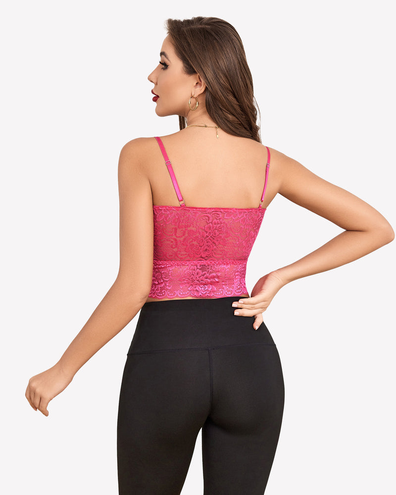 Pink lace tube bralette with thin spaghetti straps and lace trim