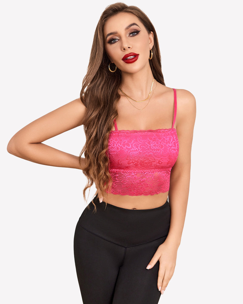 Pink lace tank bralette with thin straps, straight neckline, scalloped lace trim
