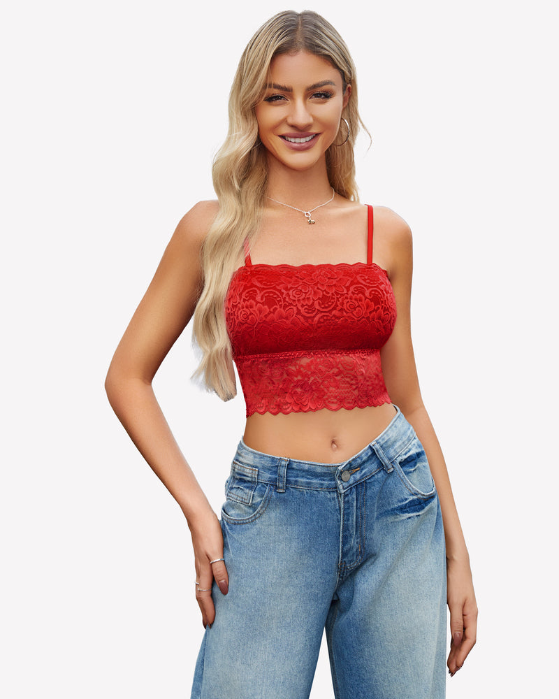 Red lace tube bralette with scalloped edge and thin shoulder straps