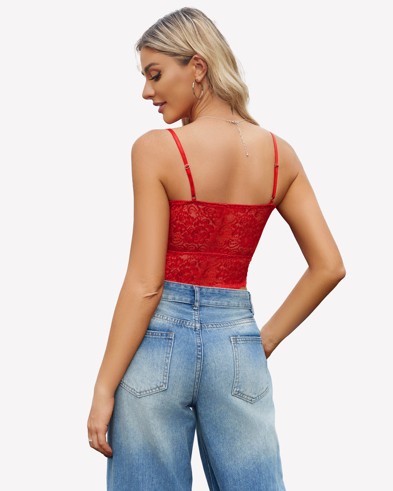 Red lace tube bralette with back spaghetti straps and scalloped lace trim