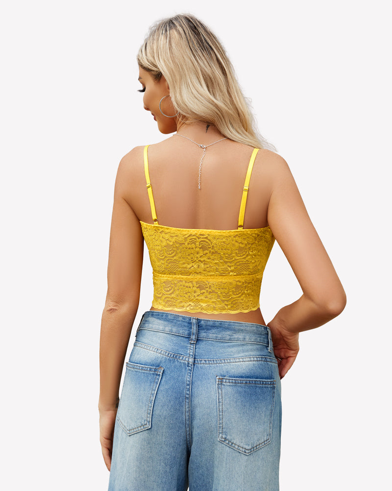 Yellow lace tube bralette with spaghetti straps and scalloped lace hem