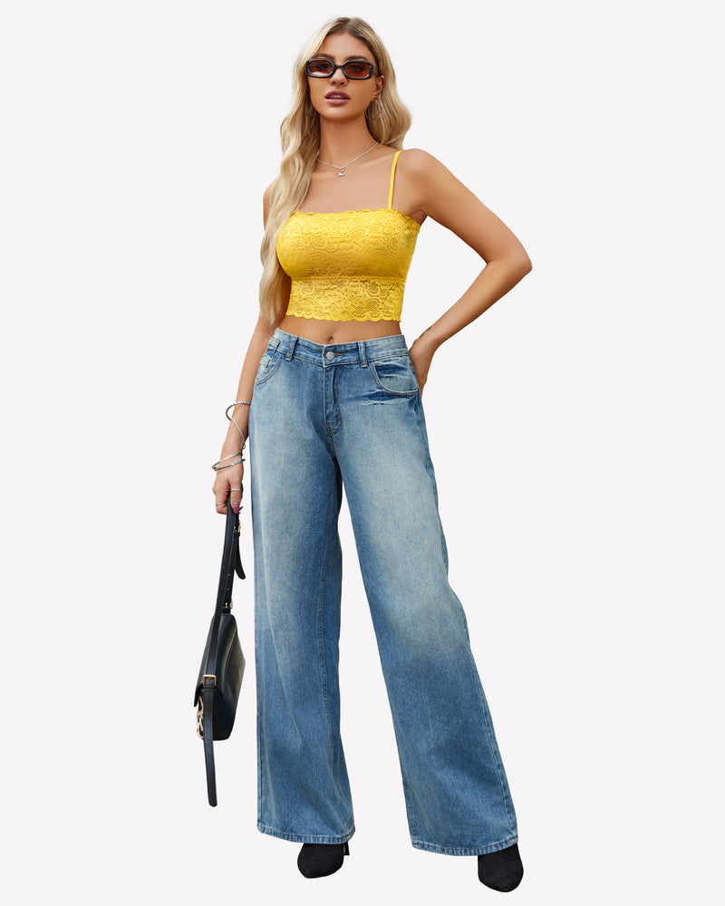 Yellow lace cami bralette with thin straps and scalloped lace hem, slim fit