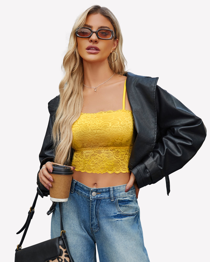 Yellow lace tube bralette with thin spaghetti straps and scalloped lace trim
