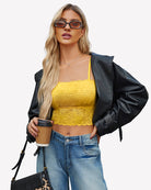 Yellow lace tube bralette with thin spaghetti straps and scalloped lace trim