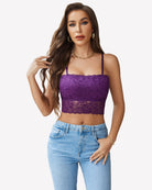 Purple lace tube bralette with thin straps and scalloped lace hem