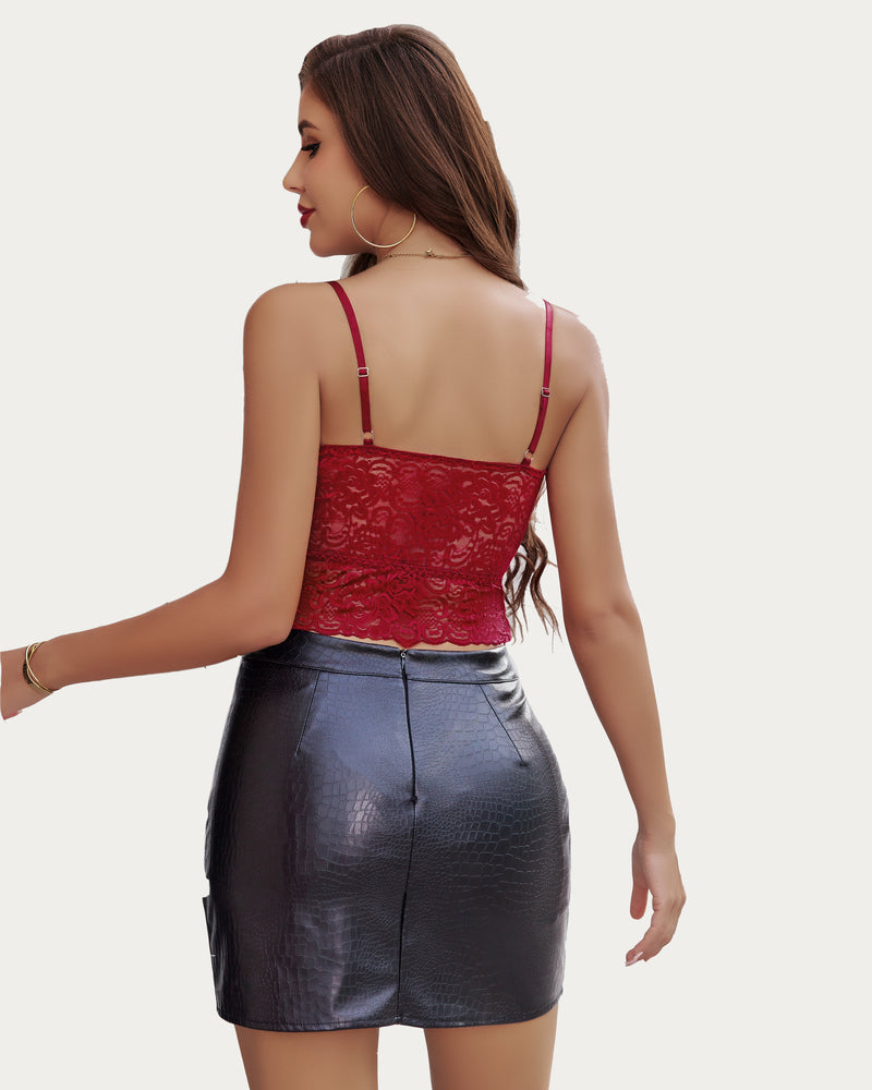 Lace tank bralette in red, open back with thin spaghetti straps