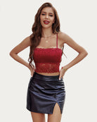 Lace tank bralette in red with thin spaghetti straps and scalloped lace trim