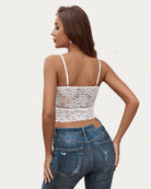 Lace tank bralette in white, open back with thin spaghetti straps