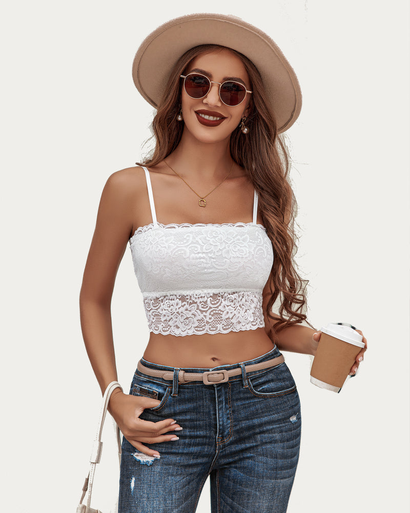 Lace tank bralette in white with thin spaghetti straps and scalloped trim