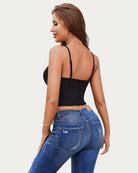 Black V-neck crop knit ribbed tank top, open back with thin straps