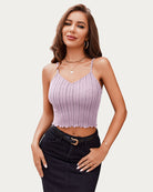 Light purple V-neck crop knit ribbed tank top with thin straps