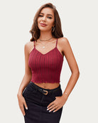 Wine red V-neck crop knit ribbed tank top with thin straps