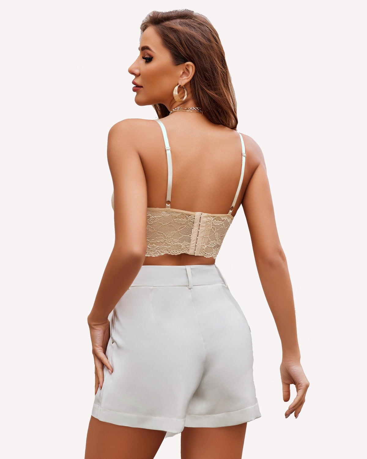 Champagne lace crop top bra from back with thin adjustable straps