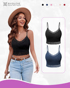 2-pack lace spaghetti strap tank tops, black and navy blue, scalloped V-neck hem