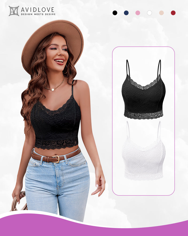 Lace V-neck bralette top options: black and white lace with thin straps