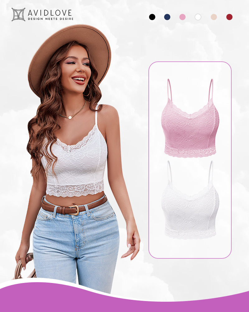 2-pack lace spaghetti strap tank tops, white and light pink, scalloped V-neck hem