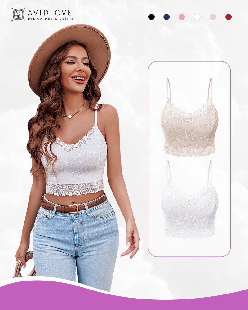 2-pack lace spaghetti strap tank tops, white and off-white, scalloped V-neck hem