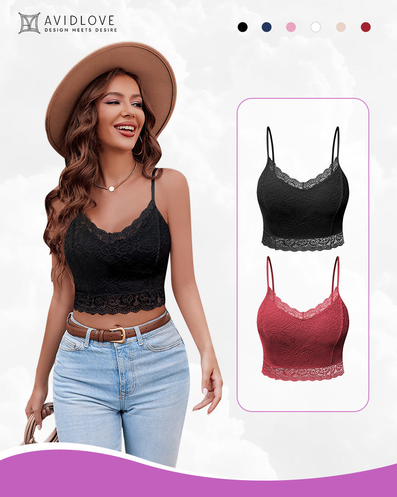 2-pack lace spaghetti strap tank tops, black and wine red, scalloped V-neck hem
