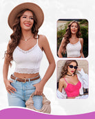 Lace spaghetti-strap tank top in white, scalloped V lace bodice
