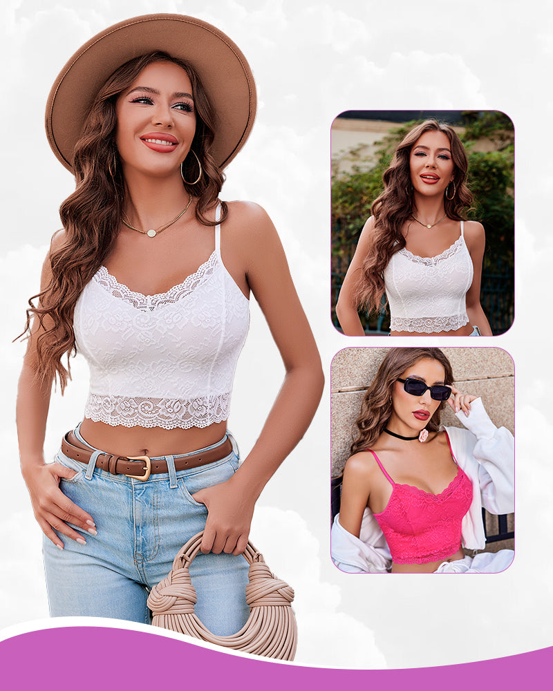 Lace spaghetti-strap tank top in white, scalloped V lace bodice