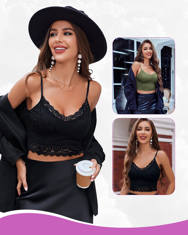 Lace spaghetti-strap tank top in black, lace scalloped hemline
