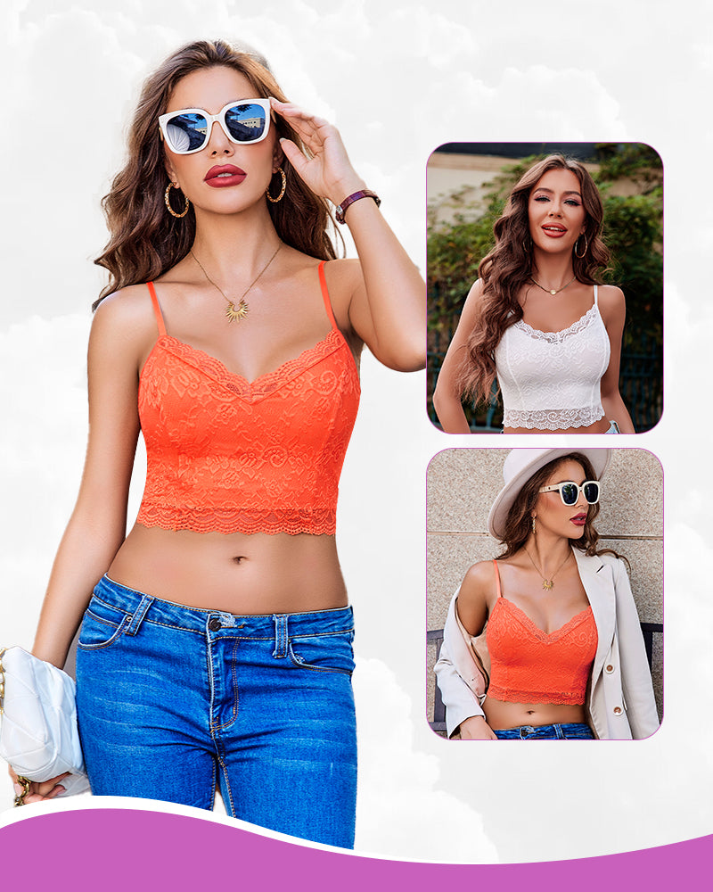 Lace spaghetti-strap tank top in orange, scalloped V lace cups