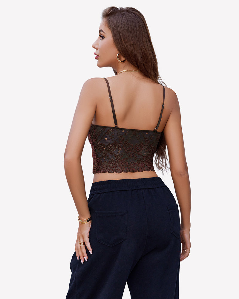Lace V-neck bralette top back view in dark red with thin straps