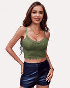 Lace spaghetti-strap tank top in dark green, scalloped V lace neckline