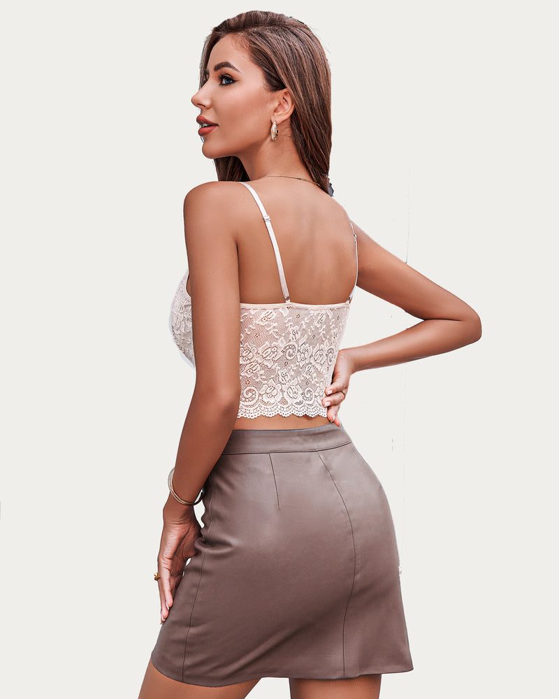 White lace spaghetti strap tank top with scalloped lace hem and lace back