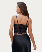 Black lace spaghetti strap tank top, lace back with thin straps and scalloped hem