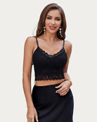 Black lace spaghetti strap tank top with scalloped V-neck lace hem