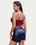 Wine red lace spaghetti strap tank top, open-back straps, cropped