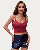 Wine red lace spaghetti strap tank top, scalloped V neckline, cropped