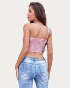 Pink lace spaghetti strap tank top, open-back straps, cropped