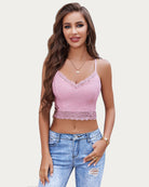 Pink lace spaghetti strap tank top, scalloped V neckline, cropped