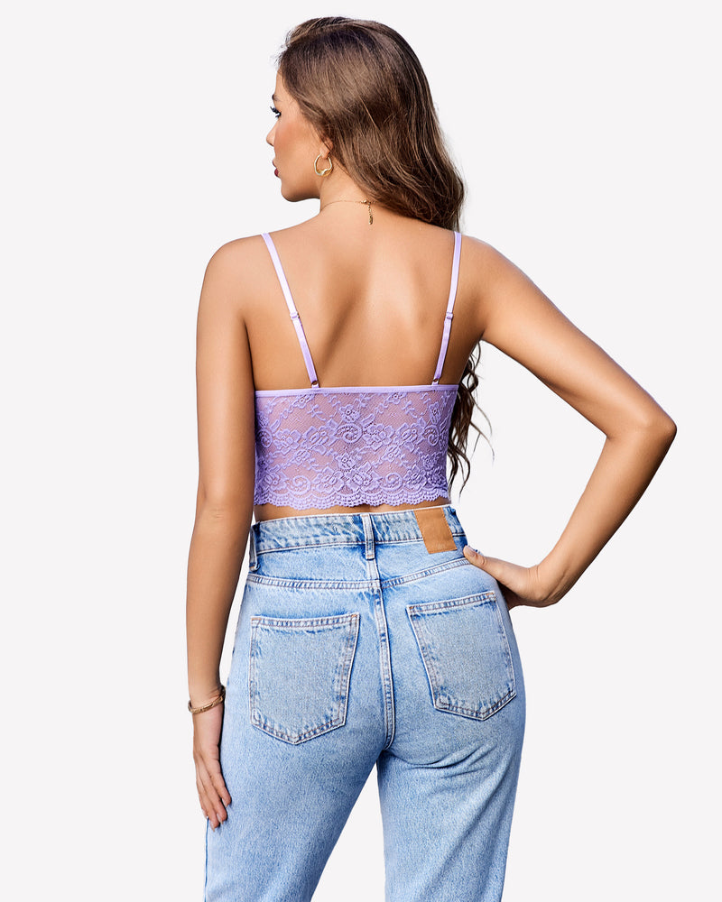 Lace bralette top with thin back straps, lilac lace with scalloped hem