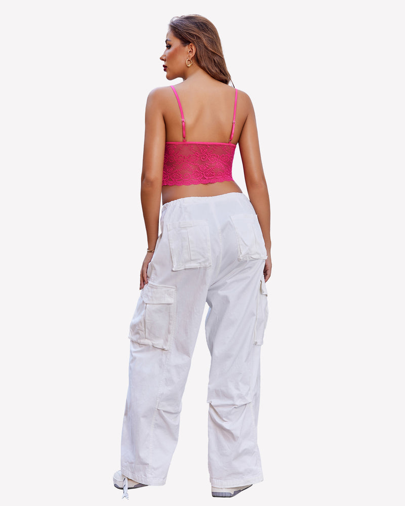 Lace bralette top with thin back straps, pink lace with scalloped hem
