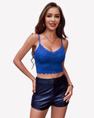 Lace v-neck bralette top with spaghetti straps, royal blue lace with scalloped trim