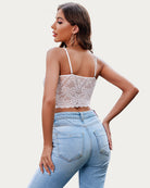White lace spaghetti strap tank top, open-back straps, cropped