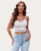 White lace spaghetti strap tank top, scalloped V neckline, cropped