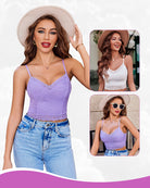 Lace spaghetti-strap tank top in lilac, scalloped V lace bodice