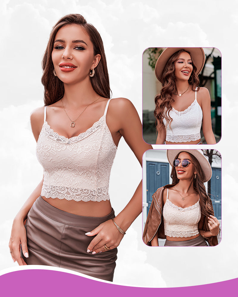 Lace spaghetti-strap tank top in white, lace cups and scalloped trim
