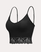 Black ribbed spaghetti strap tank top with floral lace hem