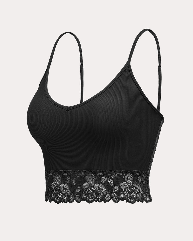 Black ribbed spaghetti strap tank top with floral lace hem
