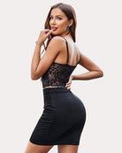 Black lace back spaghetti strap tank top with ribbed bodice