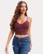 Dark red ribbed v-neck spaghetti strap tank top with lace hem trim