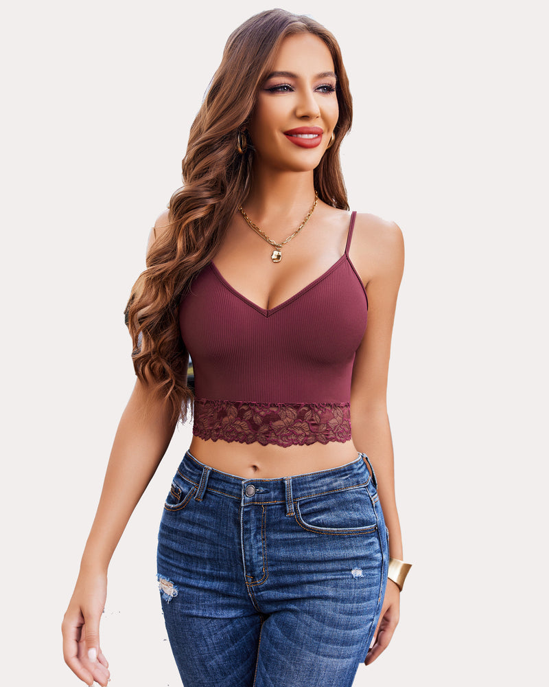Dark red ribbed v-neck spaghetti strap tank top with lace hem trim