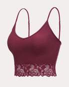 Dark red ribbed spaghetti strap tank with scalloped lace bottom trim